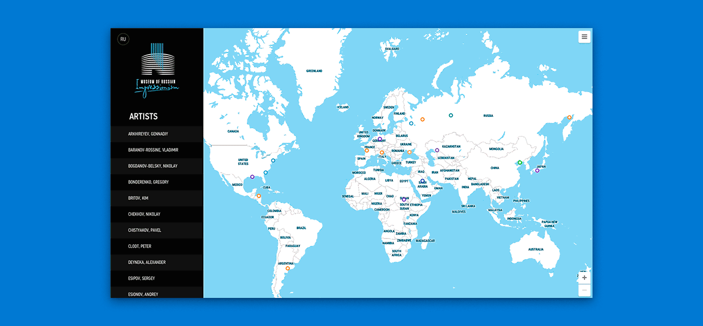 Animated map interface showing artists and places.